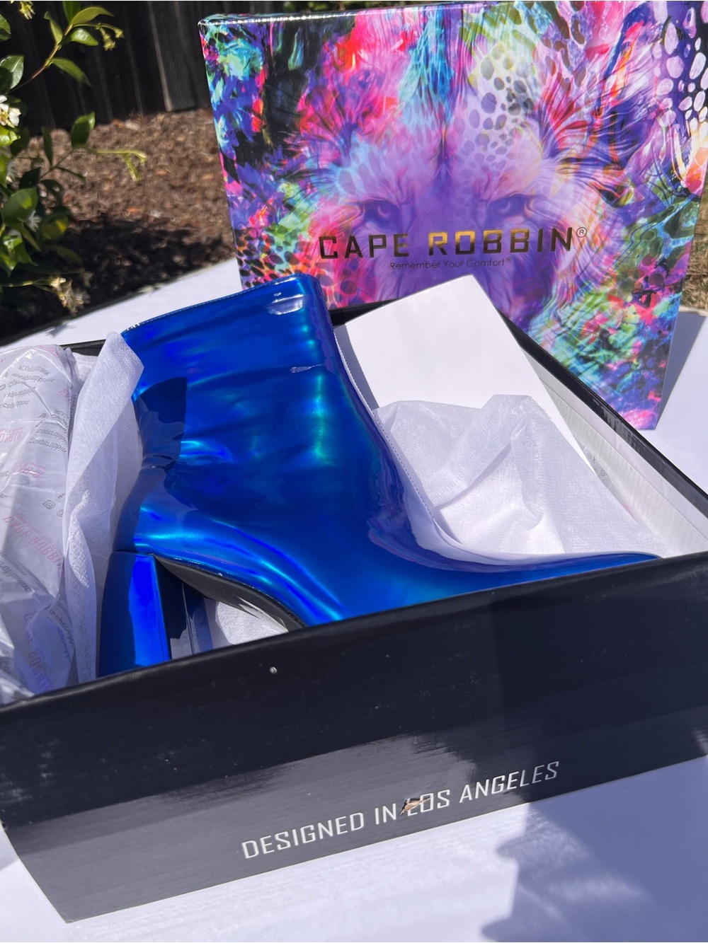 Holographic Gogo Boots - Iridescent Blue Chunky Heel - Metallic Ankle Booties